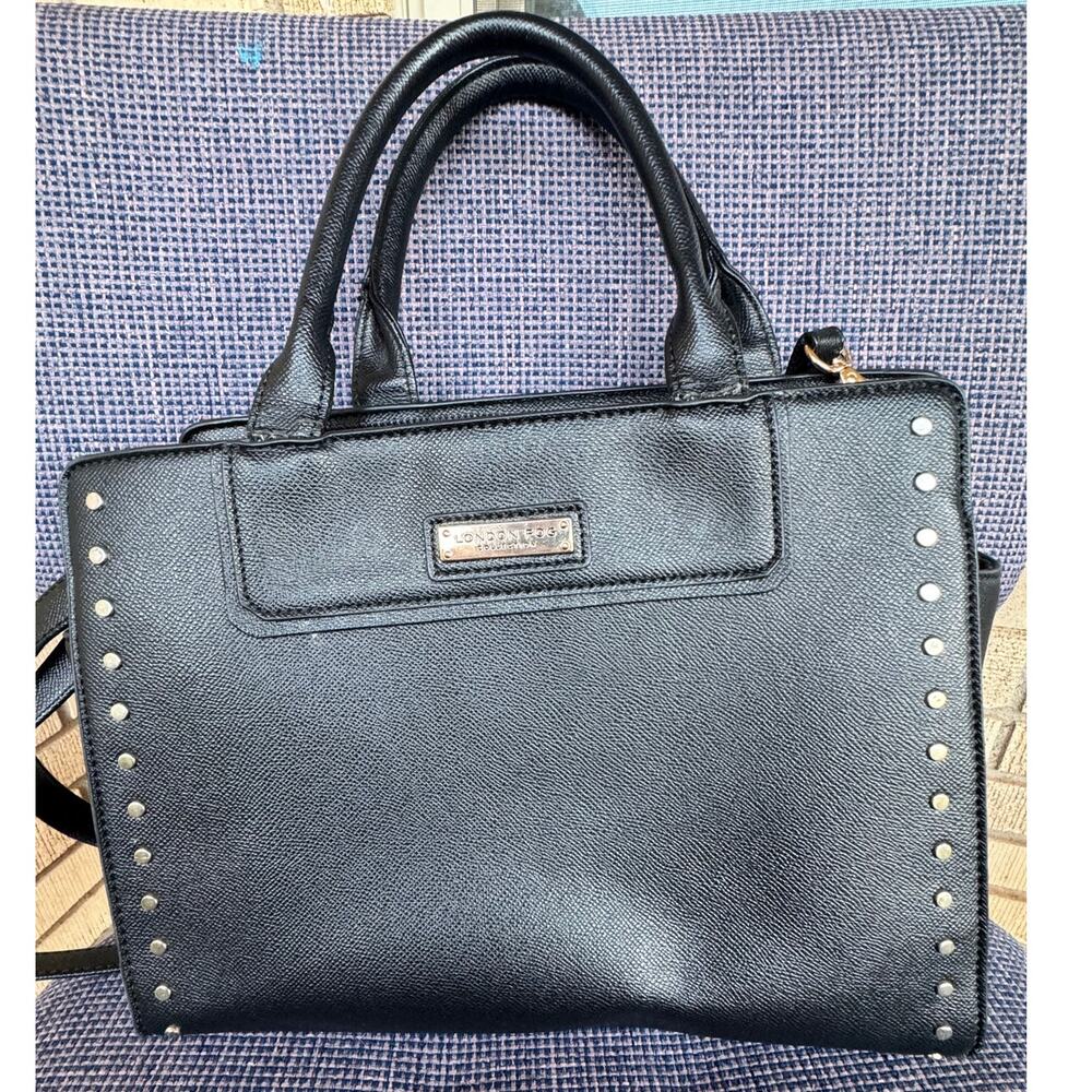 London Fog Collection Black Studded Satchel Crossbody Handbag/Shoulder Bag